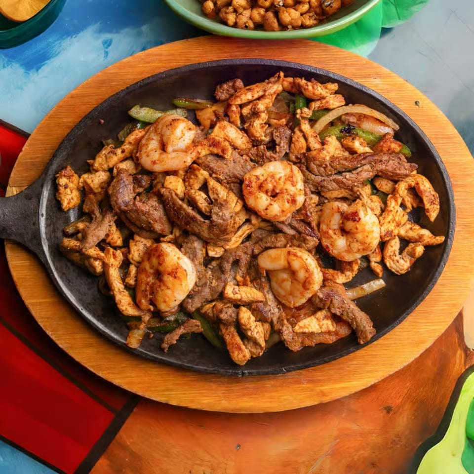 Sizzling fajitas with shrimp, chicken, and steak, served on a cast iron skillet.